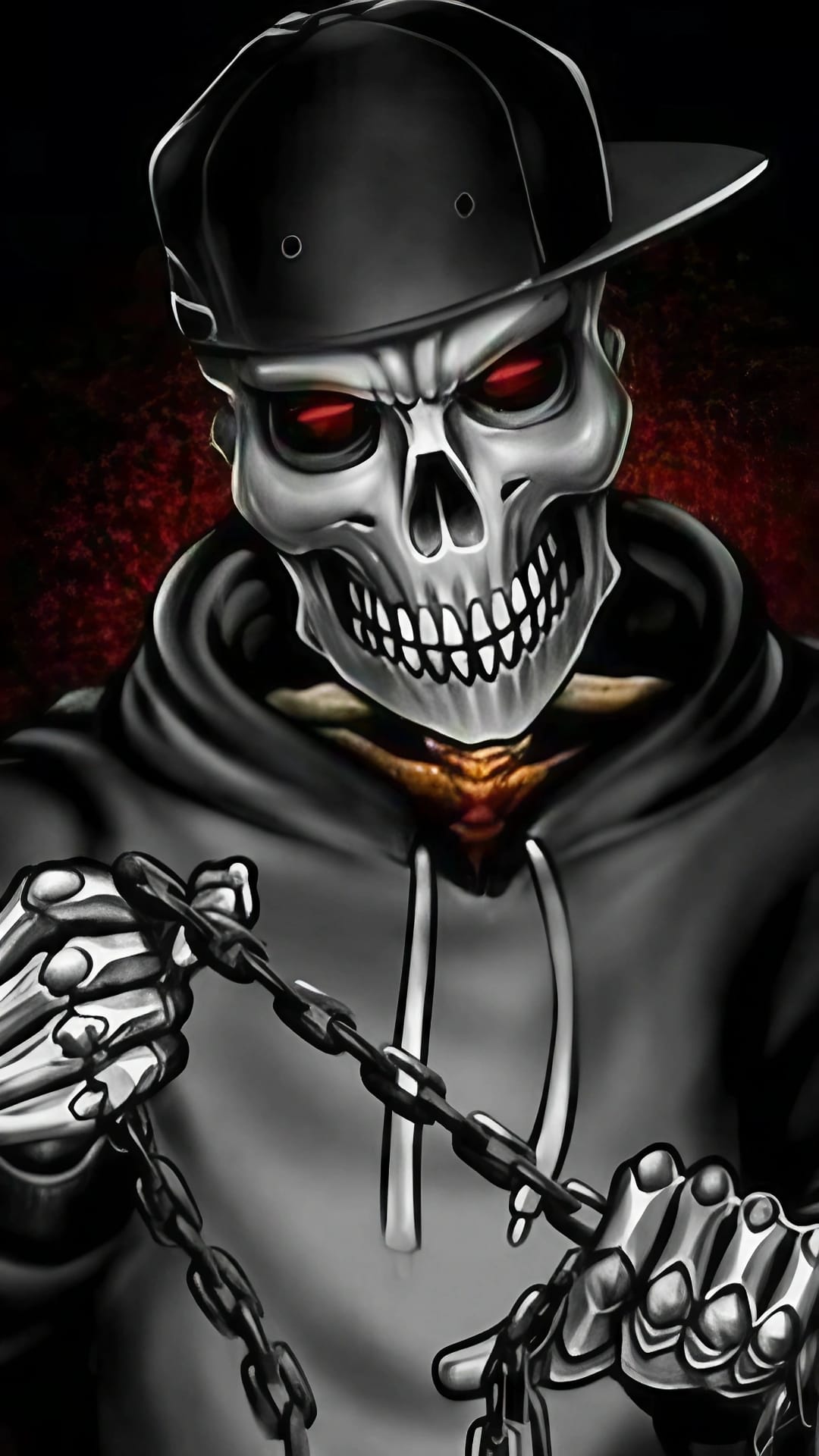 Hooded skull with glowing red eyes and a baseball cap holding a heavy iron chain against a dark background.
