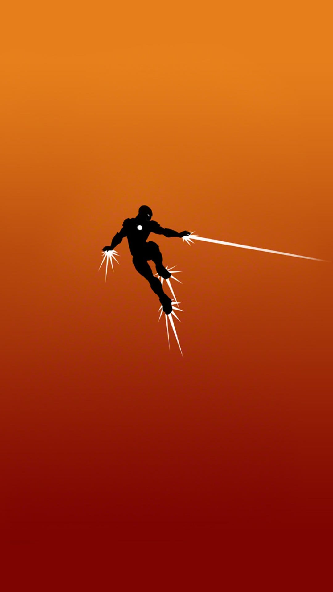 Armored hero silhouette flying with glowing hand and foot beams against an orange and red gradient background.