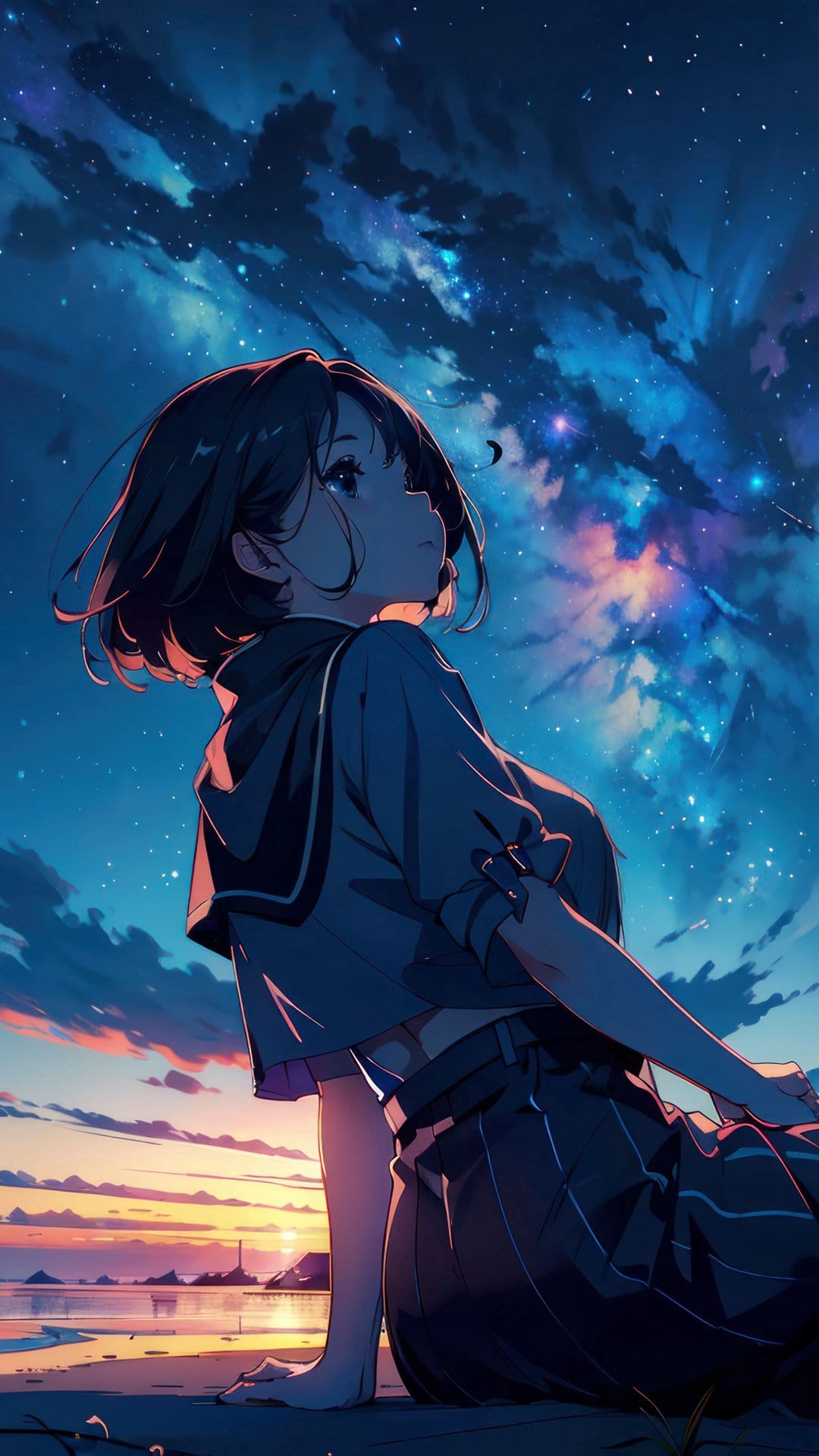 Short-haired girl sits on a beach looking up at a purple galaxy and orange sunset reflecting on the ocean water.