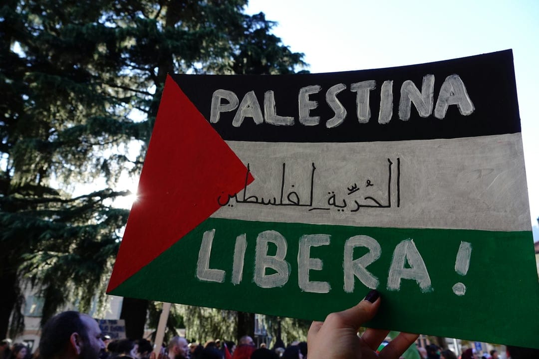 Hand holding a Palestina Libera sign featuring Arabic script and flag colors at a sunny outdoor demonstration.
