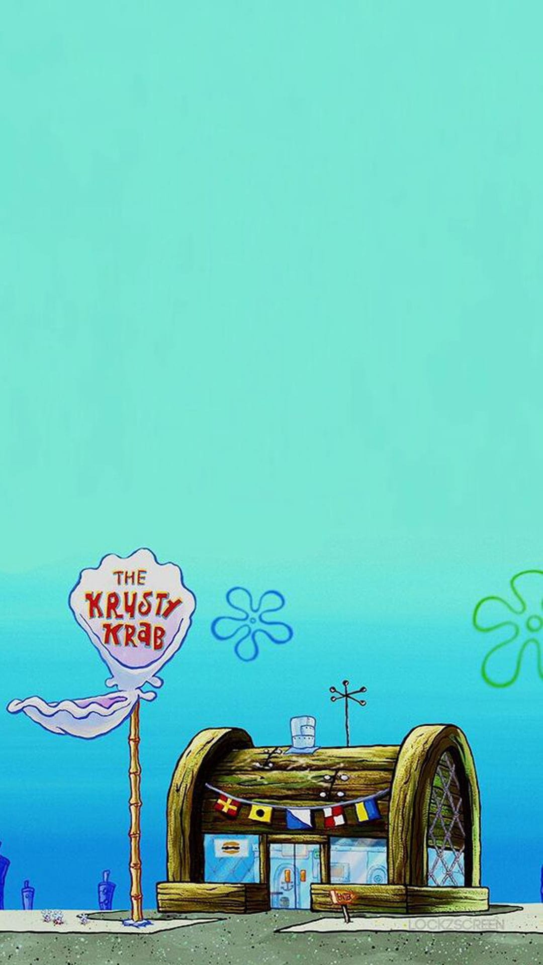 Krusty Krab lobster trap building with a clam sign sits on the sandy ocean floor of Bikini Bottom.