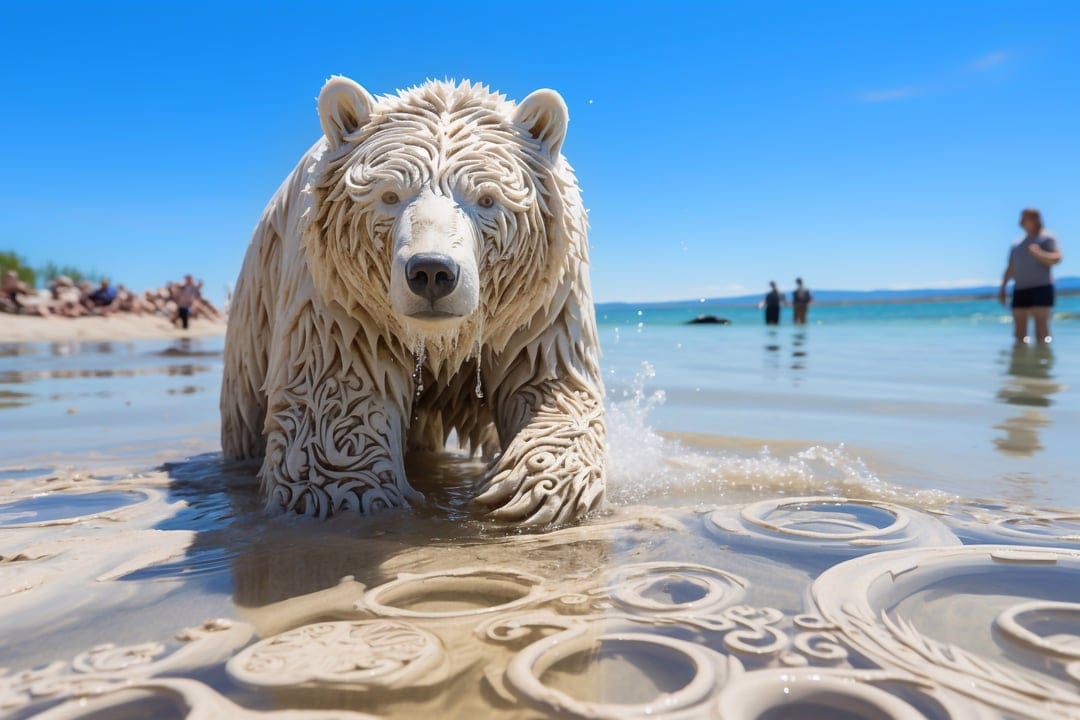 Polar bear walks from shallow ocean water onto a sandy beach while people stand in the distant background.