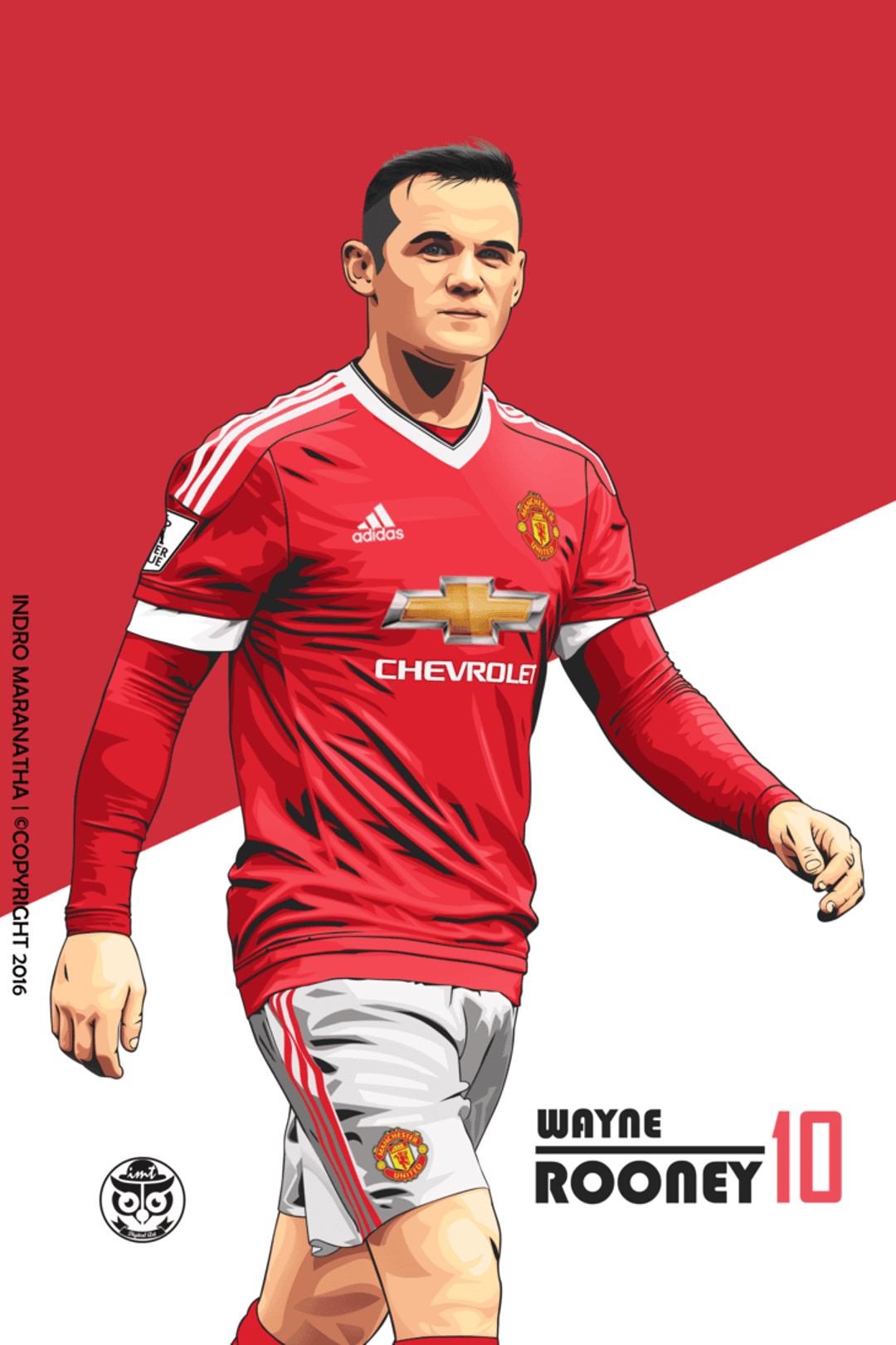 Wayne Rooney in a red and white soccer uniform stands confidently against a bold red and white background.