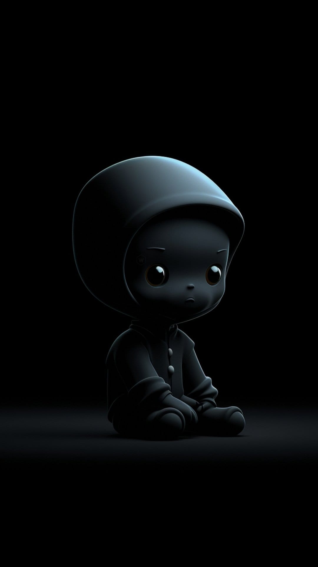 Hooded figure with large eyes sits in a dark, shadowy void with soft rim lighting highlighting its jacket.