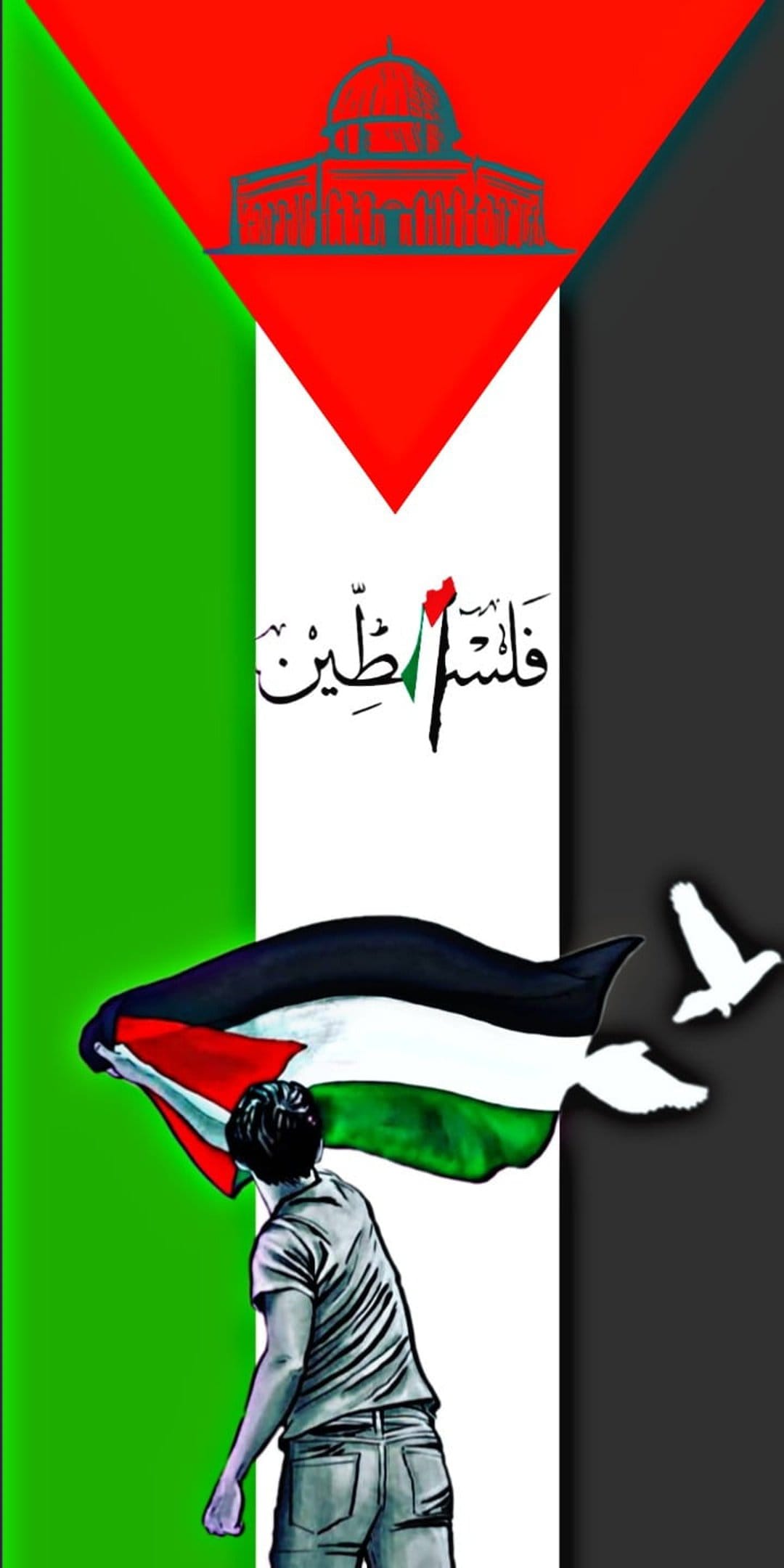 Person holding a Palestinian flag with white doves and the golden Dome of the Rock under a bright sky.