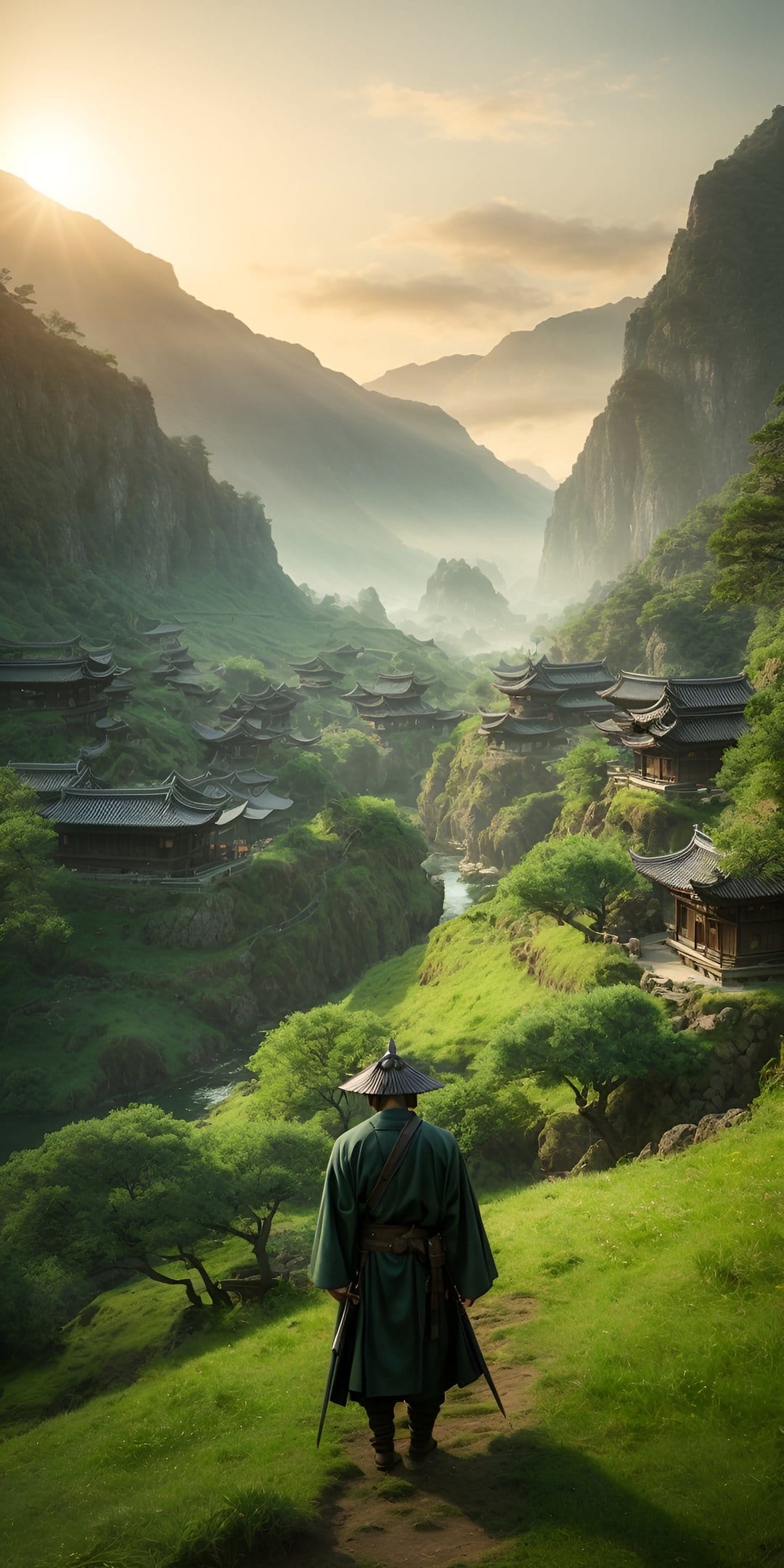 A lone samurai walks along a dirt path toward a mountain village shrouded in thick morning mist during sunrise.
