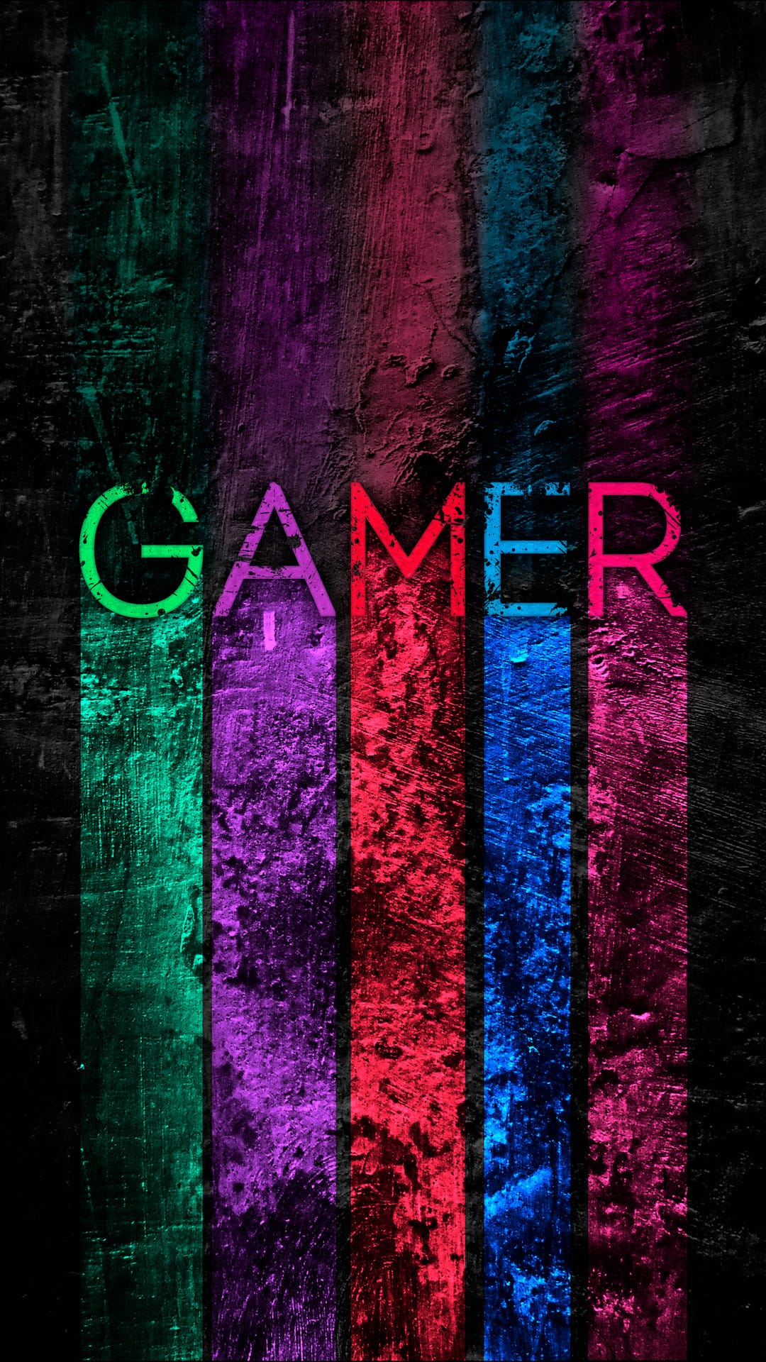 Neon GAMER text overlaid on vertical distressed stripes with a dark textured background for mobile screens.