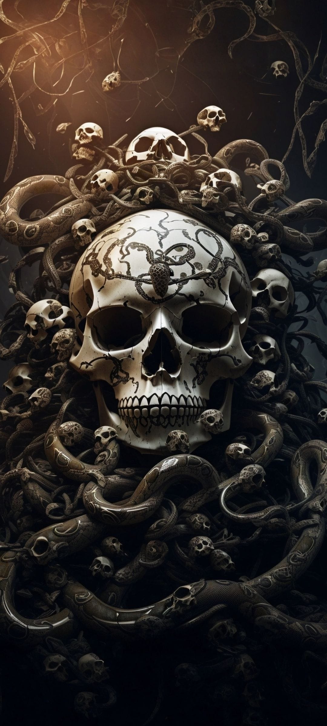 Medusa skull entwined with detailed serpents and miniature skulls within a dark and moody setting.