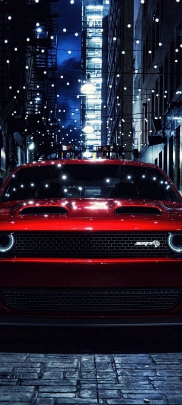 dodge challenger,dodge,red,street,light bulbs,garland,lights,night