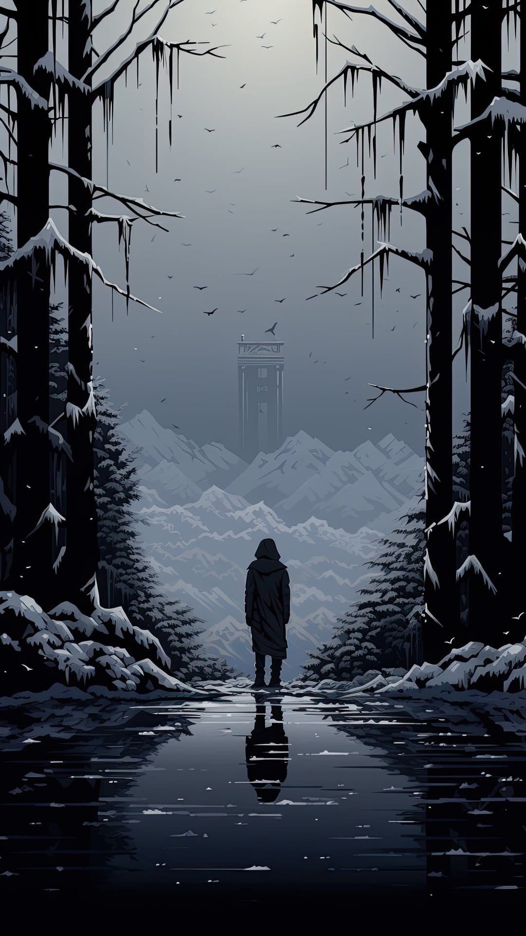 Hooded figure in a dark cloak stands by a frozen lake facing a distant stone tower and snowy mountains.