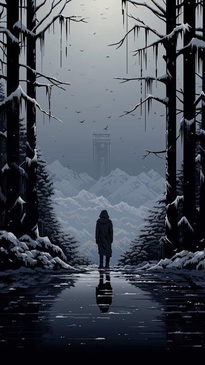 silhouette,trees,mountains,snow,sad,alone,art