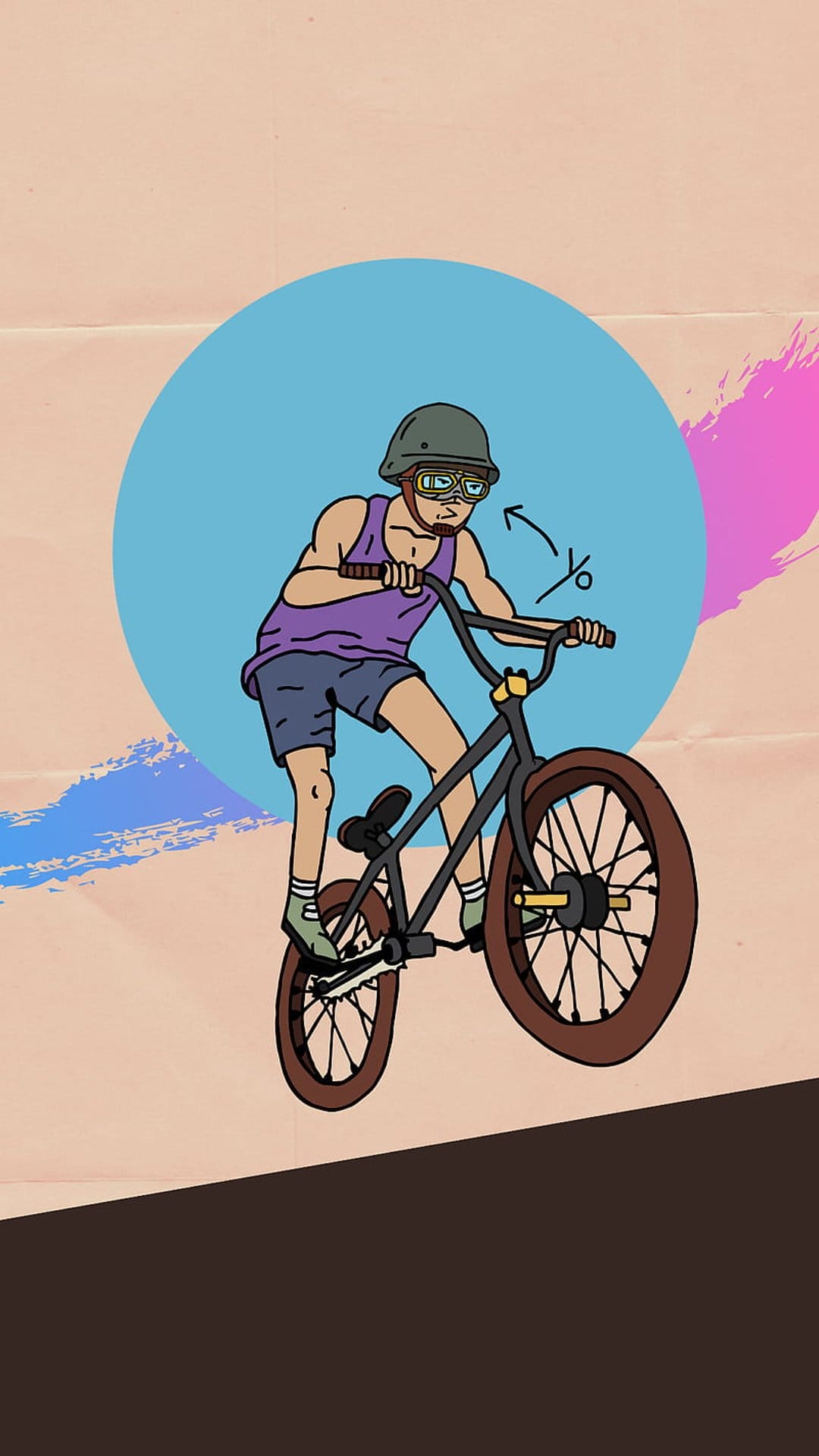 Young BMX rider in a helmet performs a mid-air bike trick against a pink background with blue circle accents.