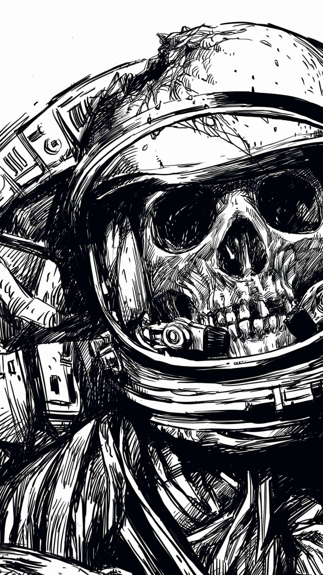 Skeletal skull wears a shredded astronaut helmet with intricate cross-hatching and deep black ink shadows.