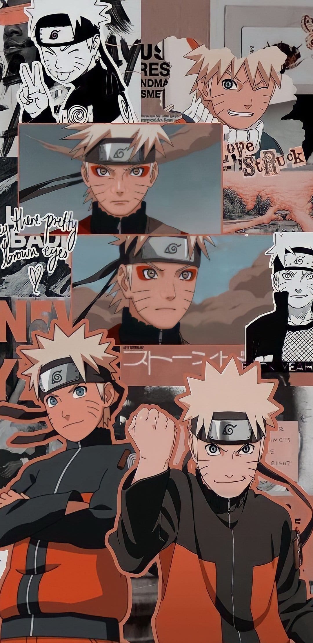 Naruto Uzumaki wearing an orange jacket and headband appears in multiple poses across a layered anime collage.