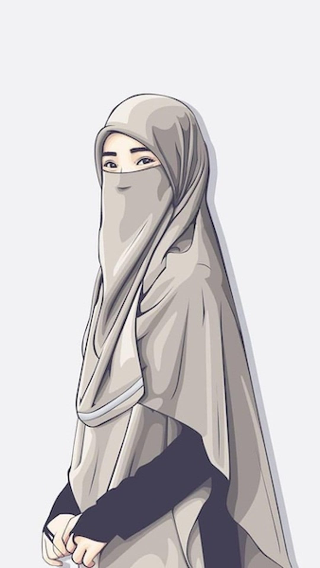 Muslim woman wearing a layered niqab and hijab with soft fabric textures against a minimalist muted background.