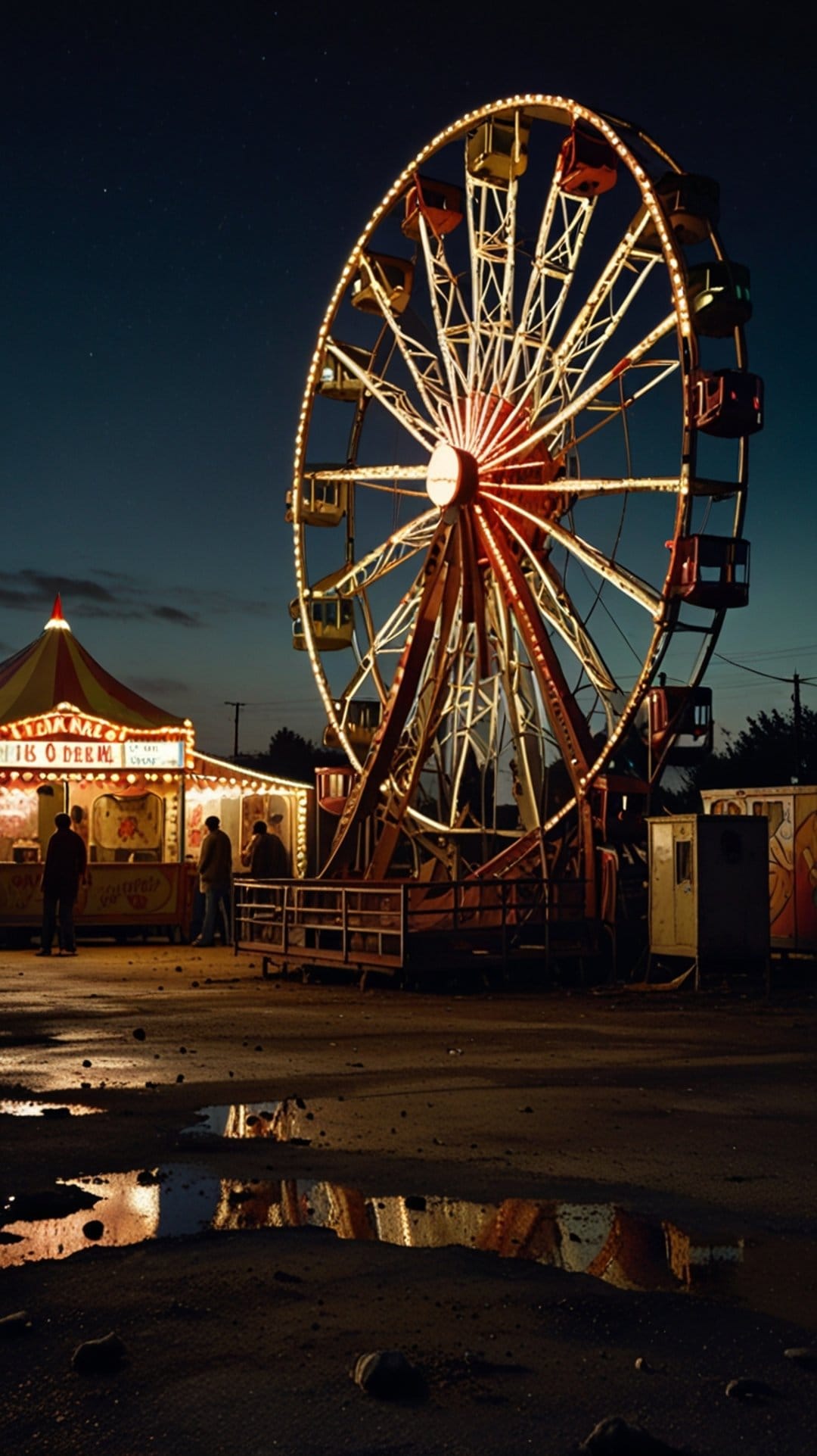 Ferris wheel with glowing gondolas towers over a striped snack booth and people during a rainy night at the fair.