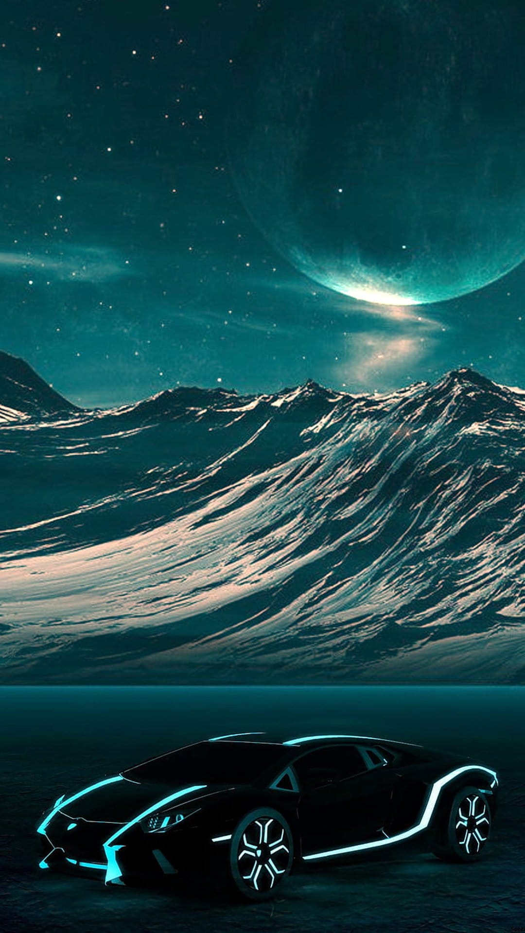 Black sports car with blue neon accents parked on a rocky alien surface under a massive glowing crescent planet.
