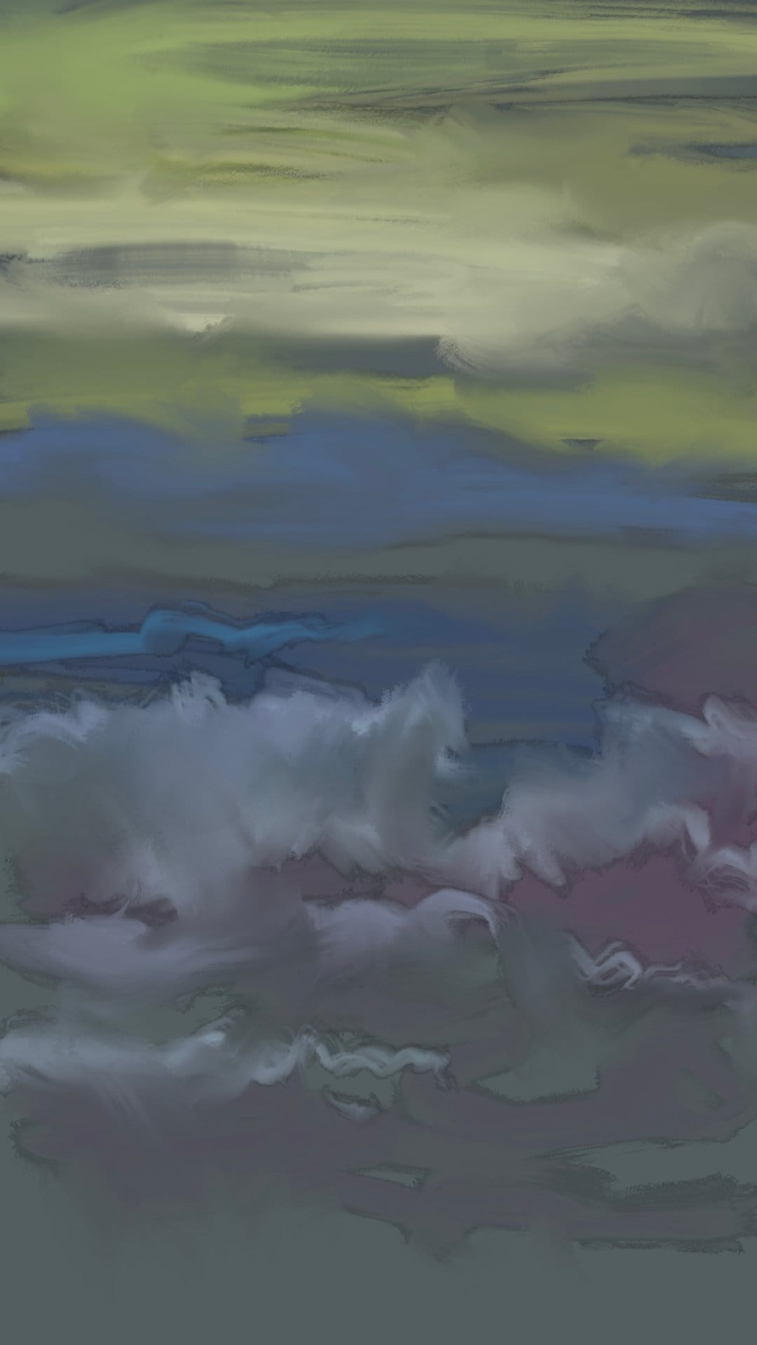 Swirling green and purple clouds with thick brushstrokes create a textured and moody atmospheric sky scene.