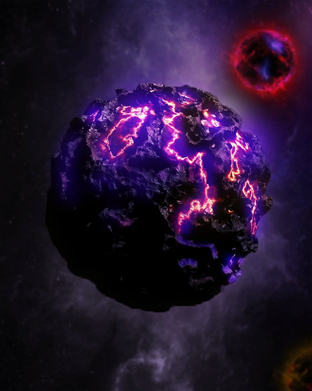 Jagged asteroid with glowing purple cracks floats near a red star and swirling cosmic nebula in deep space.