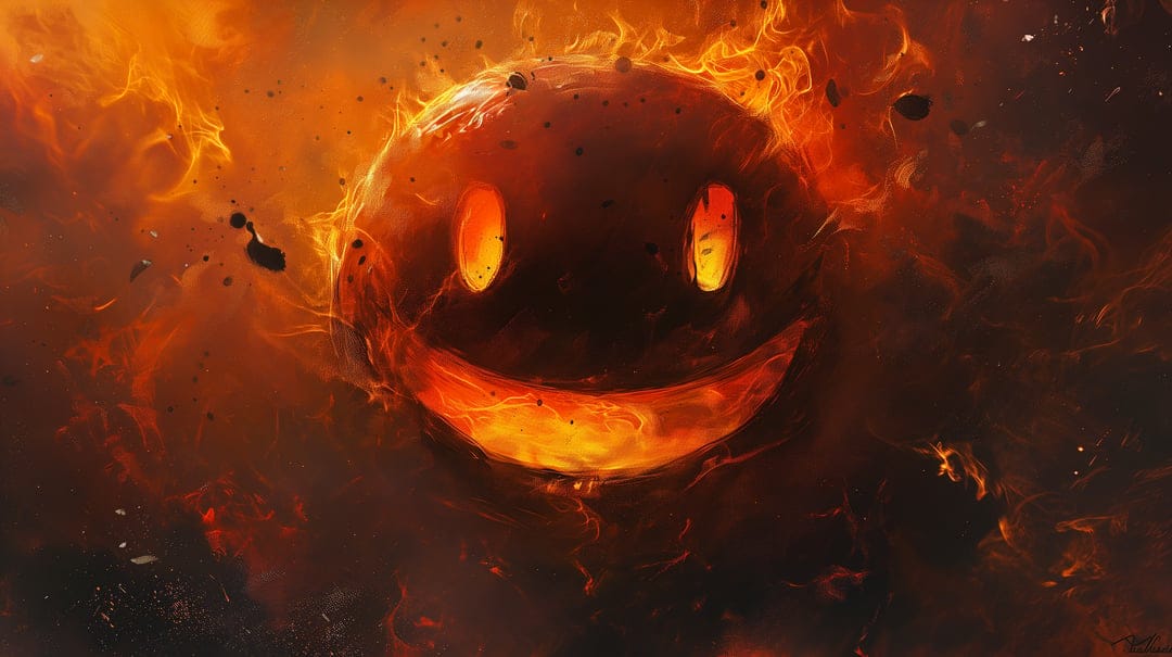 Glowing smiley face icon surrounded by orange flames and light trails against a dark background illustration.