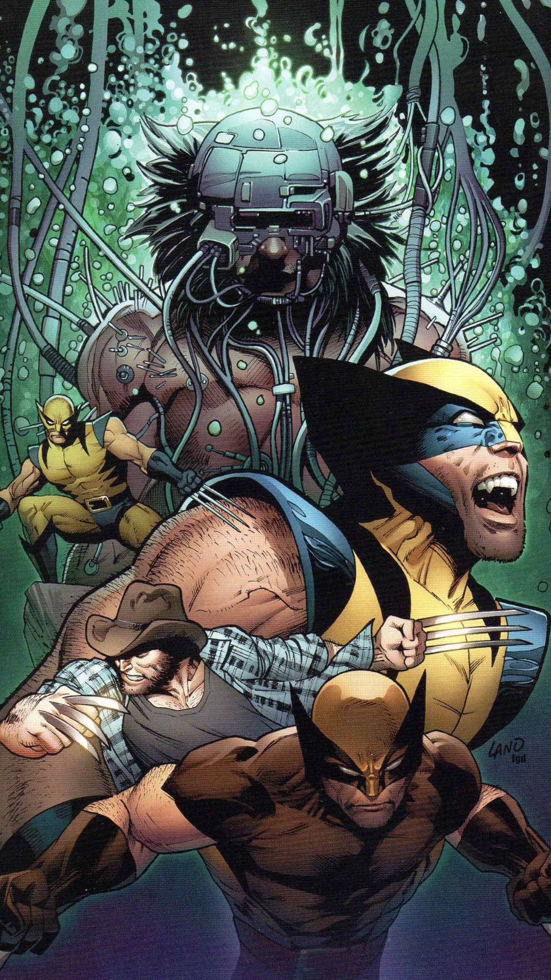 Wolverine extends metal claws while wearing a yellow suit alongside his cowboy and armored cybernetic variants.