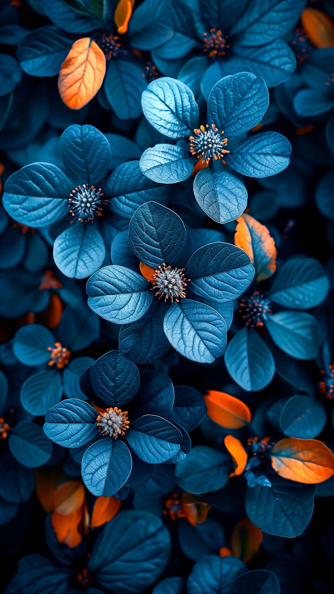 Blue flower petals with detailed centers next to bright orange leaves against a dark, shadowy background.
