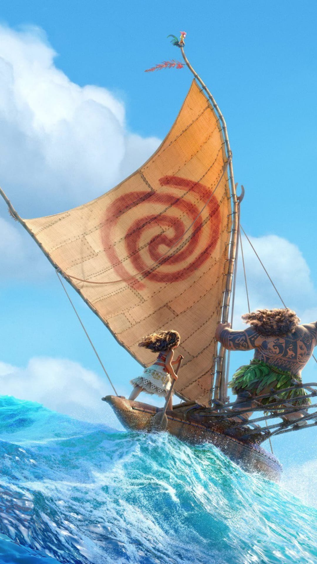 Moana paddles a wooden boat as Maui stands behind her under a red spiral sail amidst splashing blue sea waves.