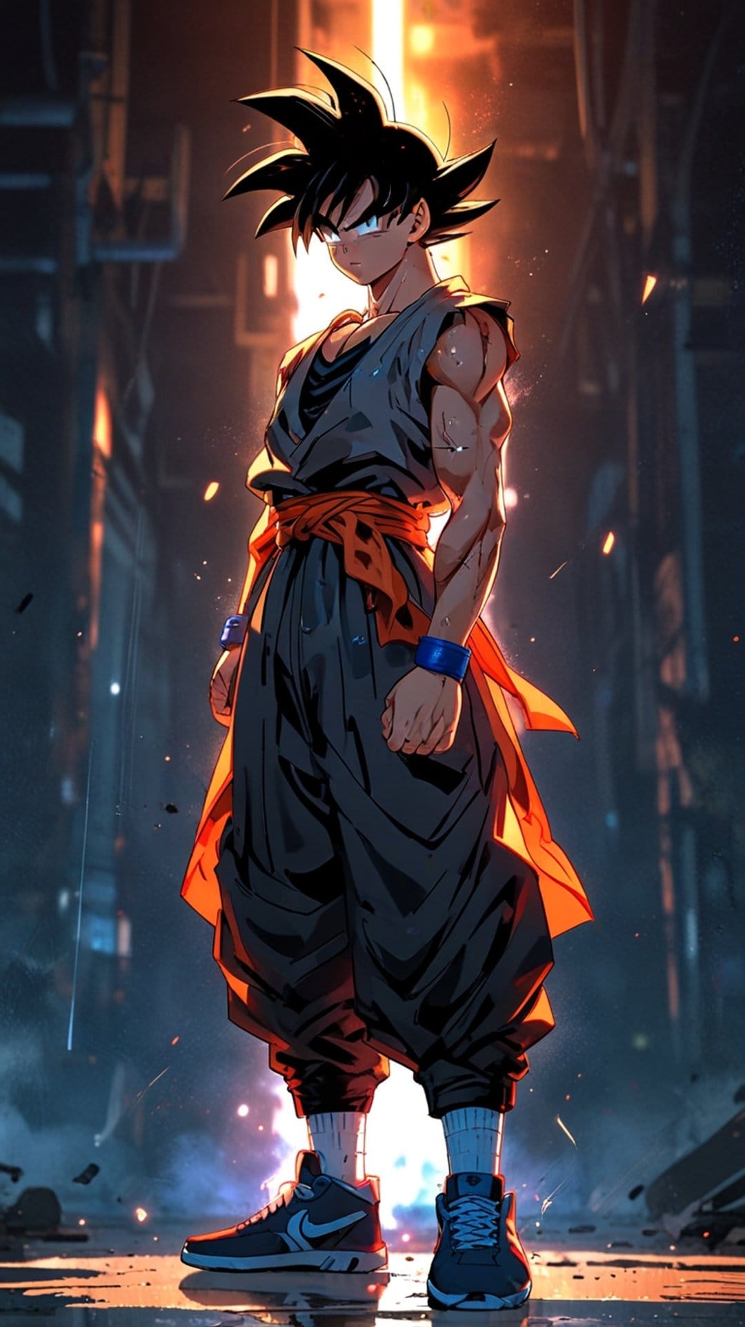 Son Goku stands in an industrial alley with spiky black hair, wearing an orange gi and modern sneakers.