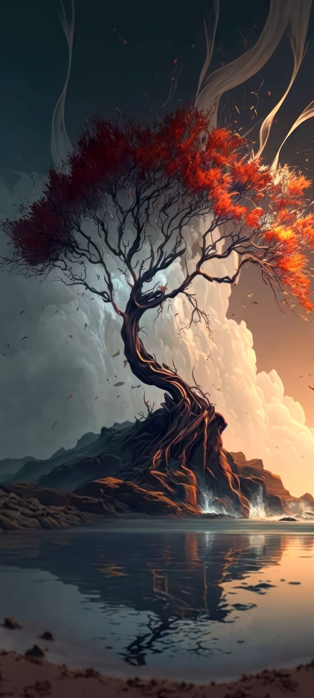 Gnarled ancient tree with bright red leaves grows on a rocky cliff over a calm lake under a stormy purple sky.