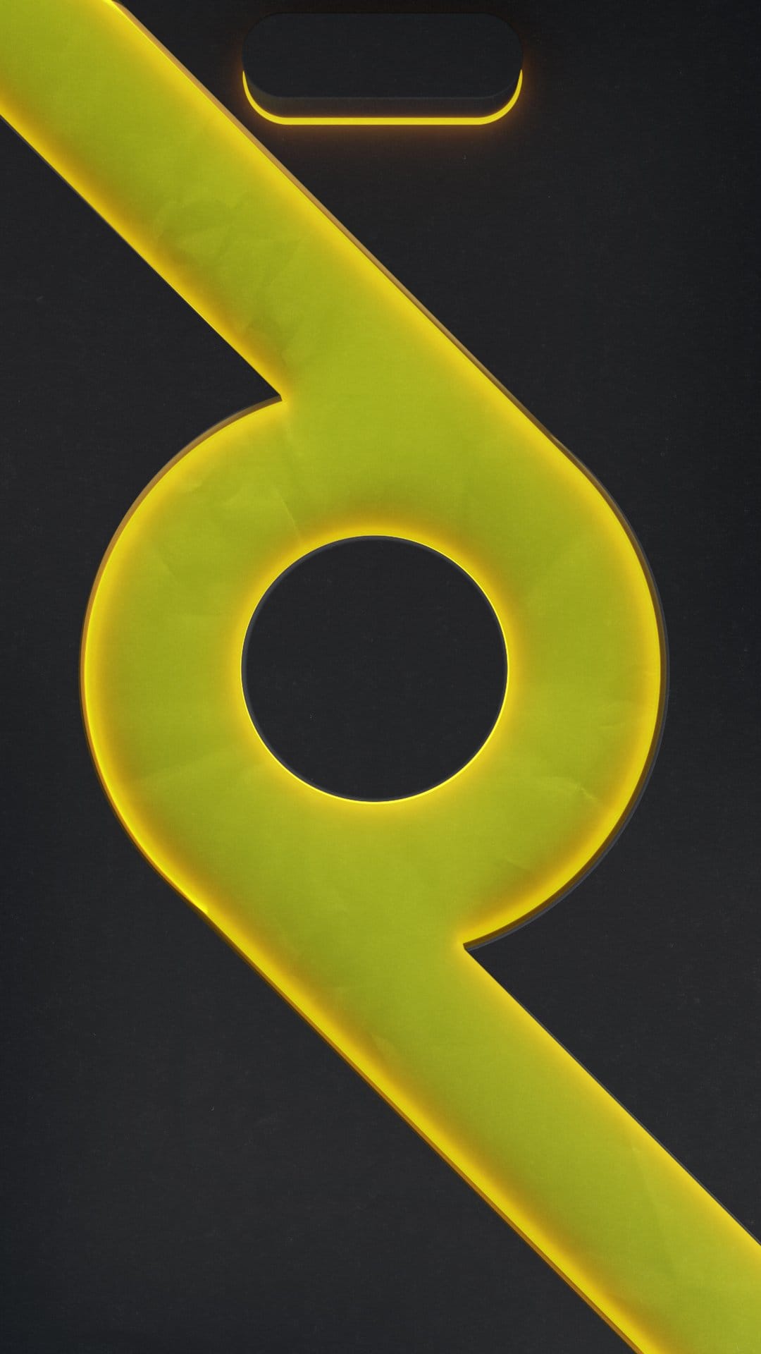 Luminous yellow geometric symbol with curved edges and a central circle glowing against a solid black background.