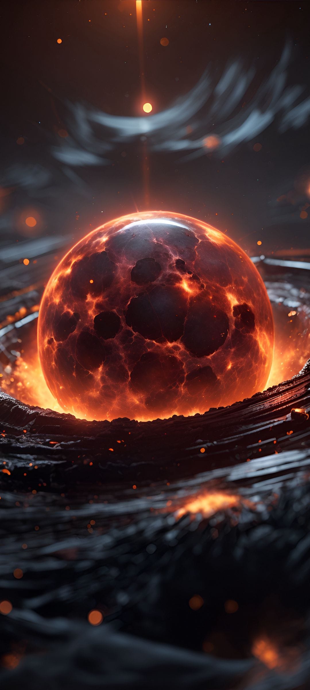 Glowing molten planet surfacing from dark rocky waters with drifting embers and a celestial beam.