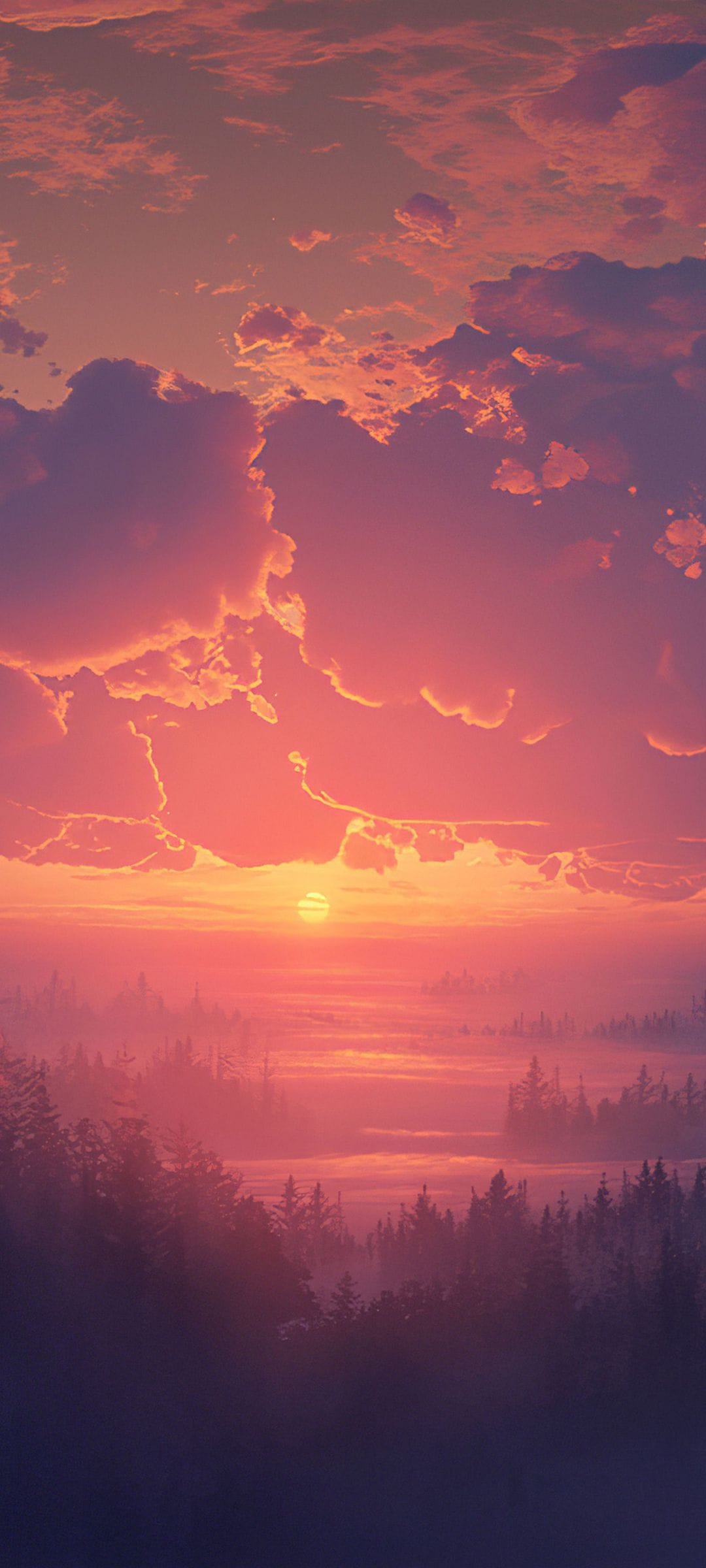 Pine tree silhouettes rise through thick morning mist beneath a fiery orange and pink sunrise sky in a valley.