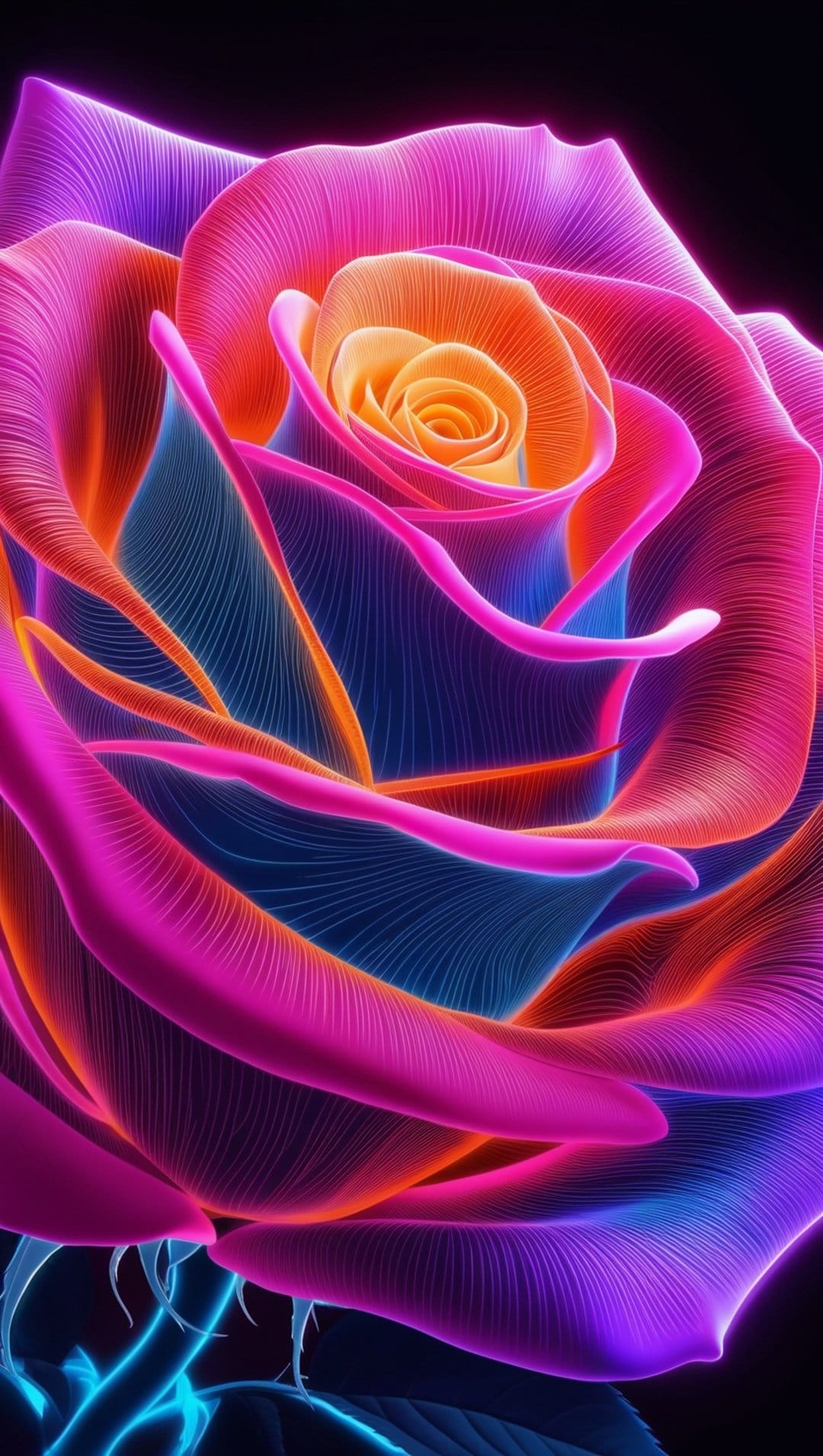 Neon rose with glowing pink and blue petal edges shines against a dark background in close-up detail.