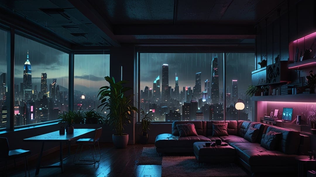 Futuristic penthouse sofa faces floor-to-ceiling windows overlooking a rainy neon city skyline at night.