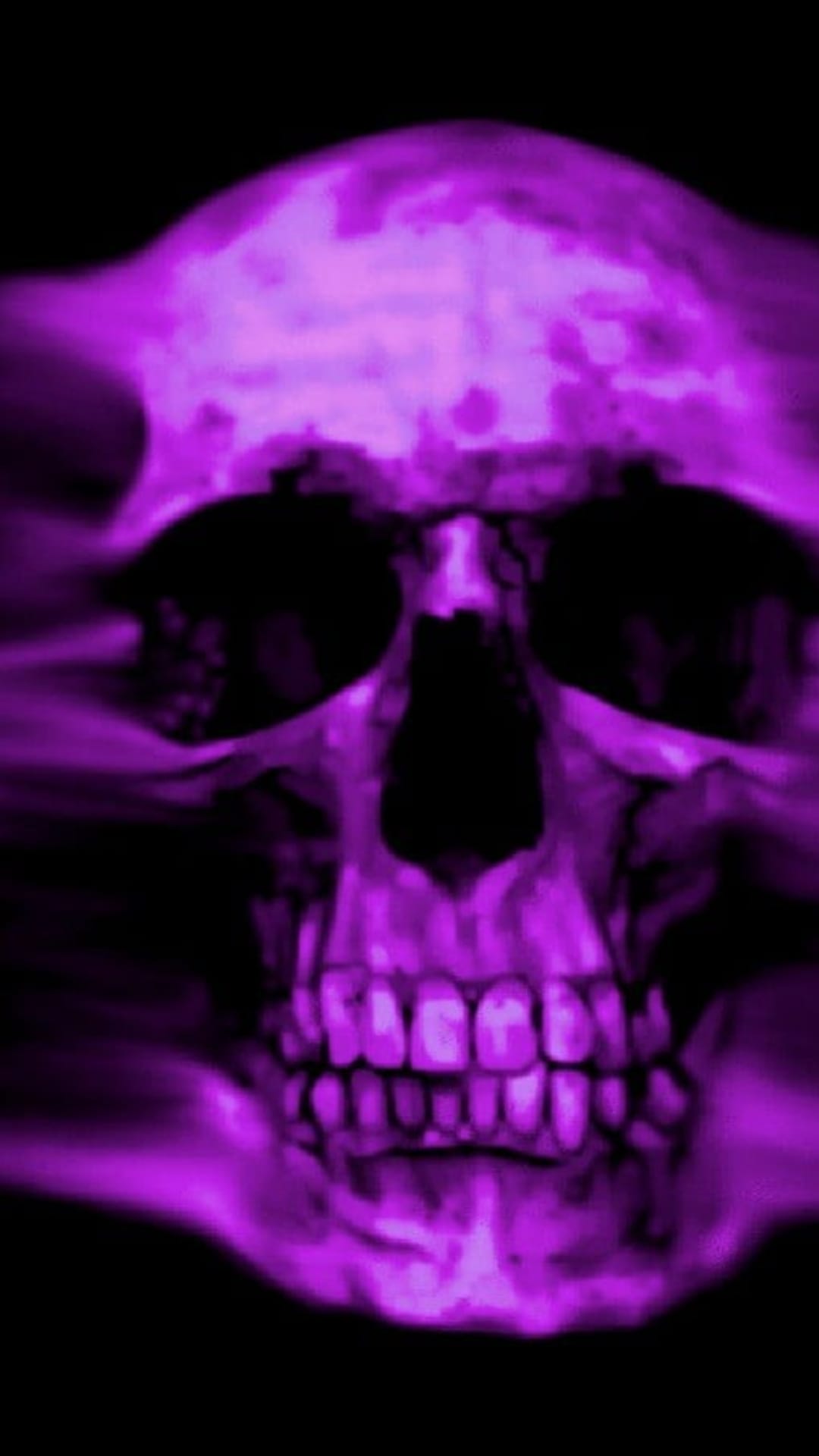Purple skull with glowing eye sockets surrounded by wisps of violet smoke against a solid black background.