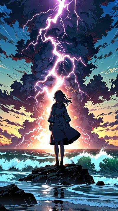 Young girl in a dark coat stands on rocks watching bright lightning bolts over a stormy ocean with heavy waves.