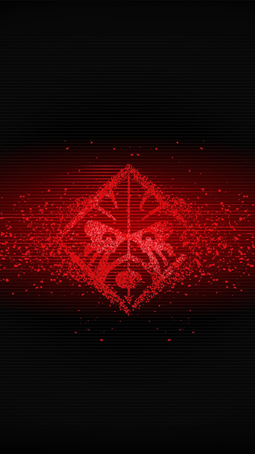 Fractured crimson icon surrounded by glowing red particles and faint horizontal scanlines on a black backdrop.