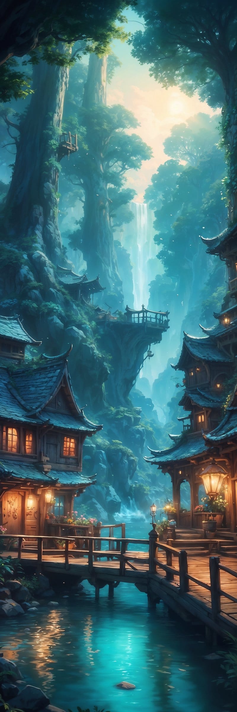 Glowing wooden pagodas perched on a cliff beside a tall waterfall flowing into serene turquoise pools in a forest.