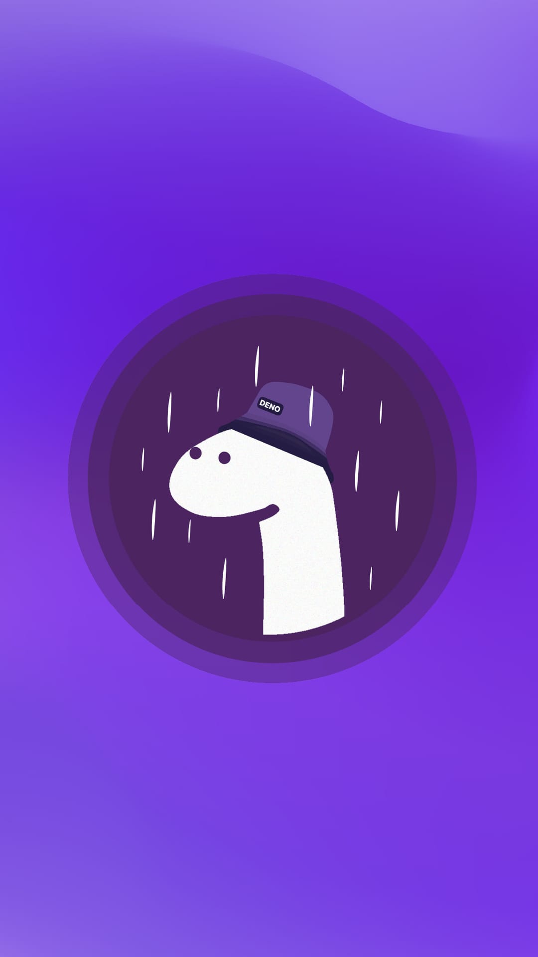 White dinosaur wearing a blue cap stands inside a purple circle with rain patterns against a solid violet backdrop.