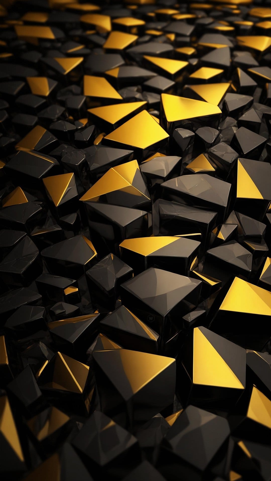 Black and gold geometric polygons with sharp edges and metallic facets create a three-dimensional textured surface.
