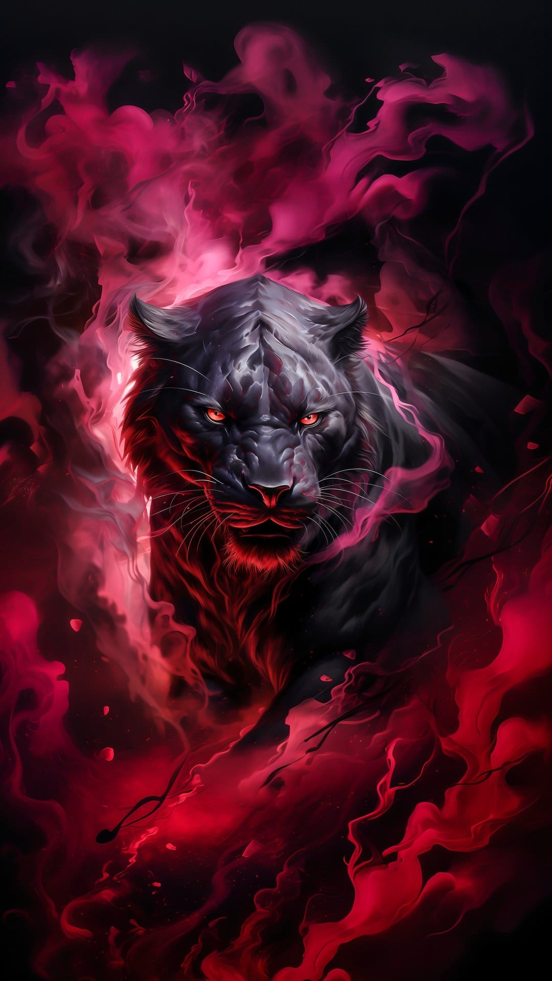 Black panther with red glowing eyes emerges from thick crimson smoke, set against a dark, moody backdrop.