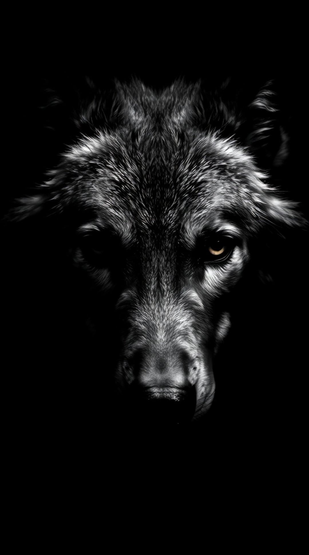 Wolf face with detailed grey fur and a single bright golden eye staring forward against a dark background.