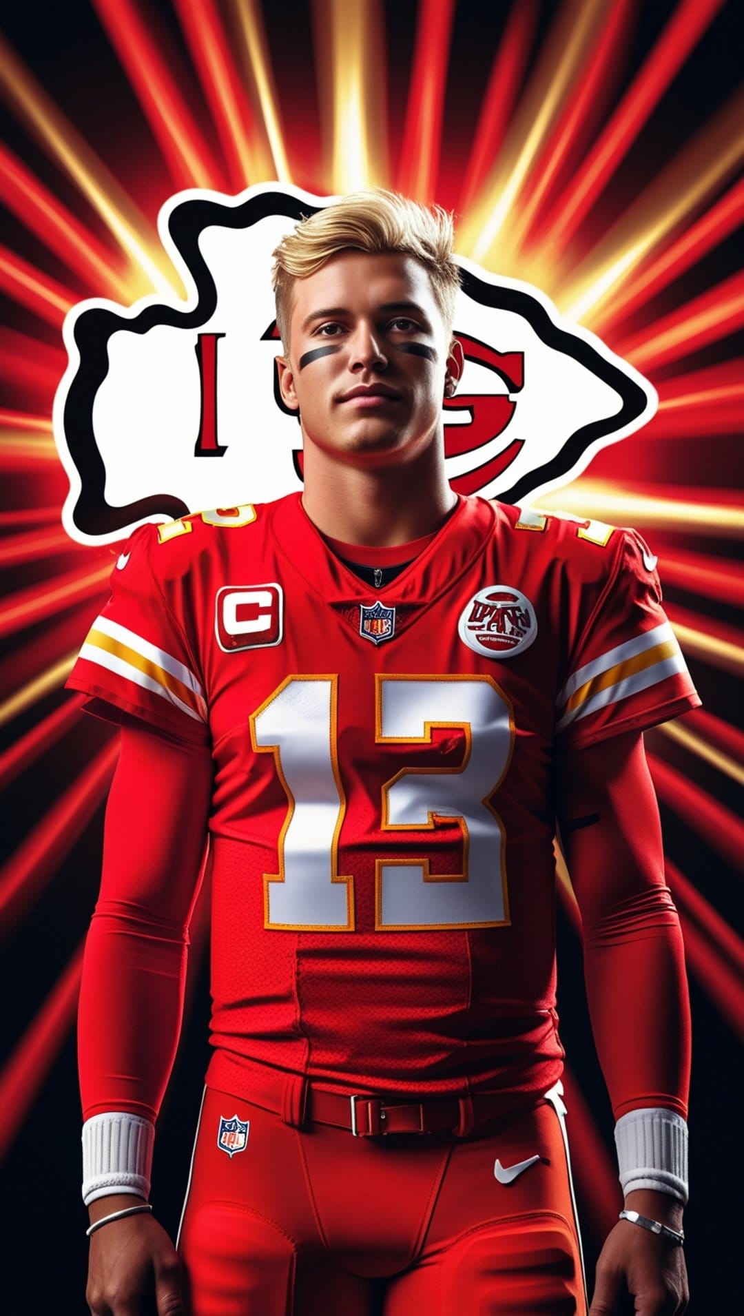 Patrick Mahomes wearing a red Kansas City Chiefs jersey with eye black in front of a glowing yellow team logo.