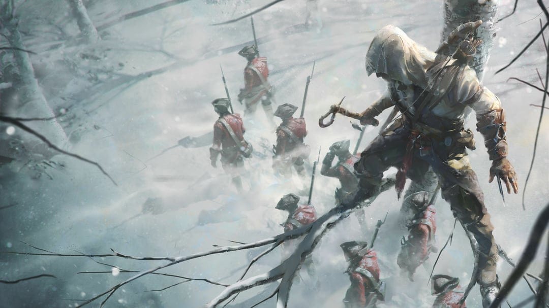 Assassin Connor Kenway with a tomahawk crouched on a snowy branch overlooking Redcoat soldiers in a winter forest.