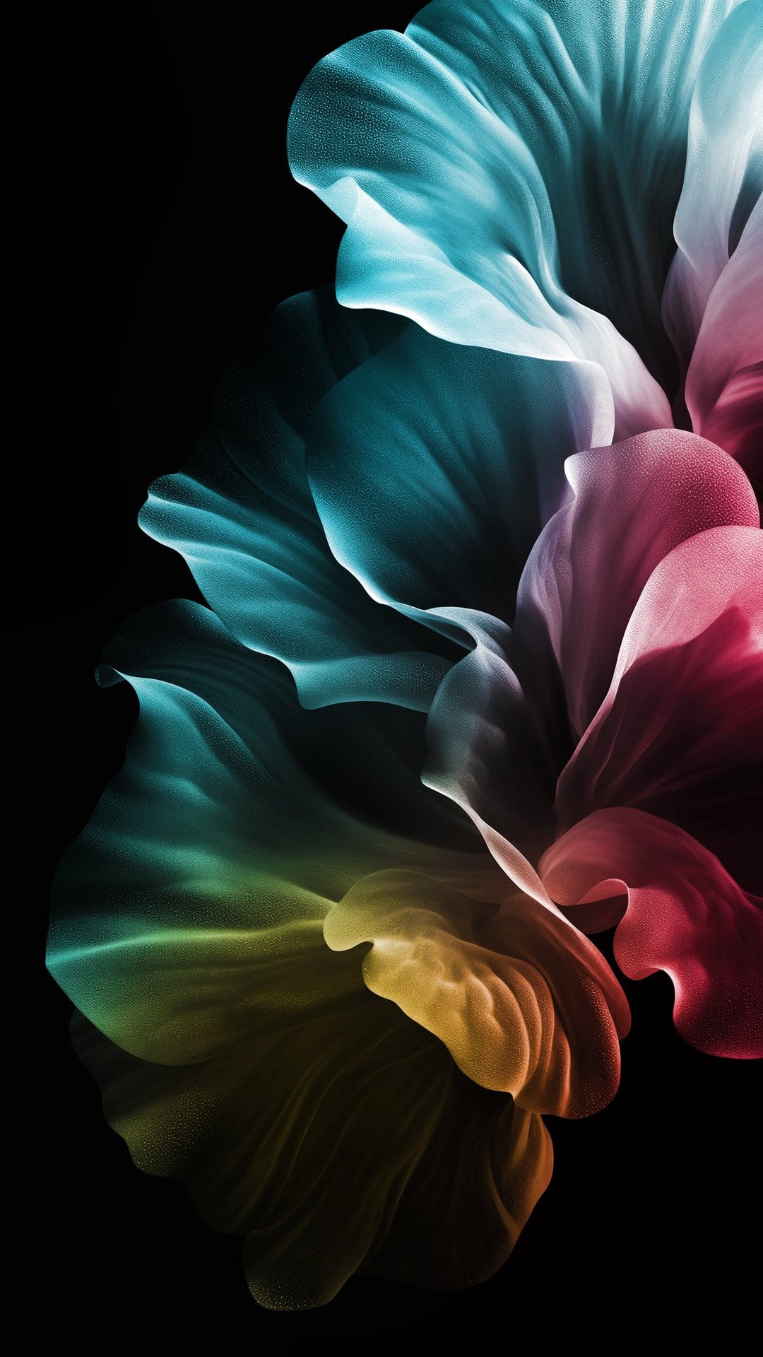 Luminous multicolored petal shapes with soft gradients of blue and pink floating on a solid black background.