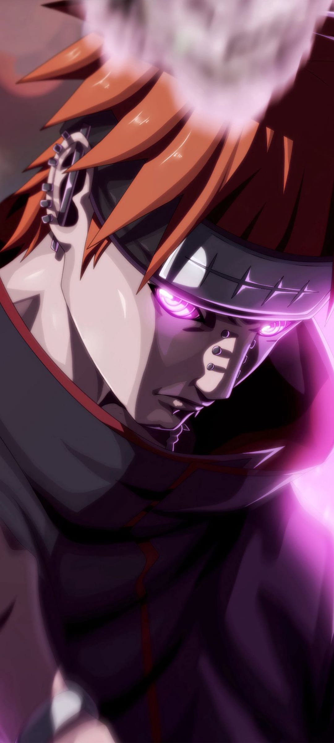 Pain with glowing purple Rinnegan eyes, spiky orange hair, and rising steam wearing an Akatsuki cloak.