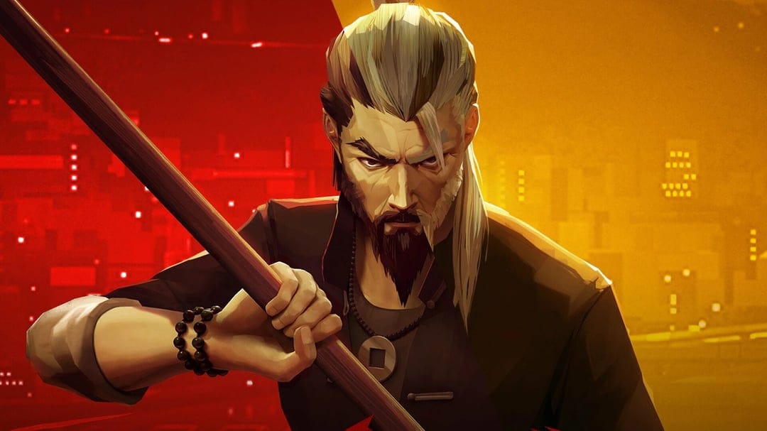Elder bearded martial artist holding a wooden staff against a split red and yellow stylized background.