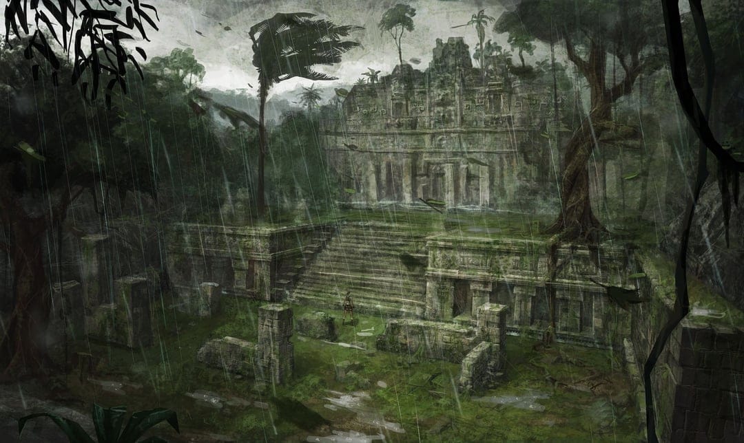 Ancient stone temple ruins overgrown with moss during a heavy rainstorm in a dark tropical jungle setting.