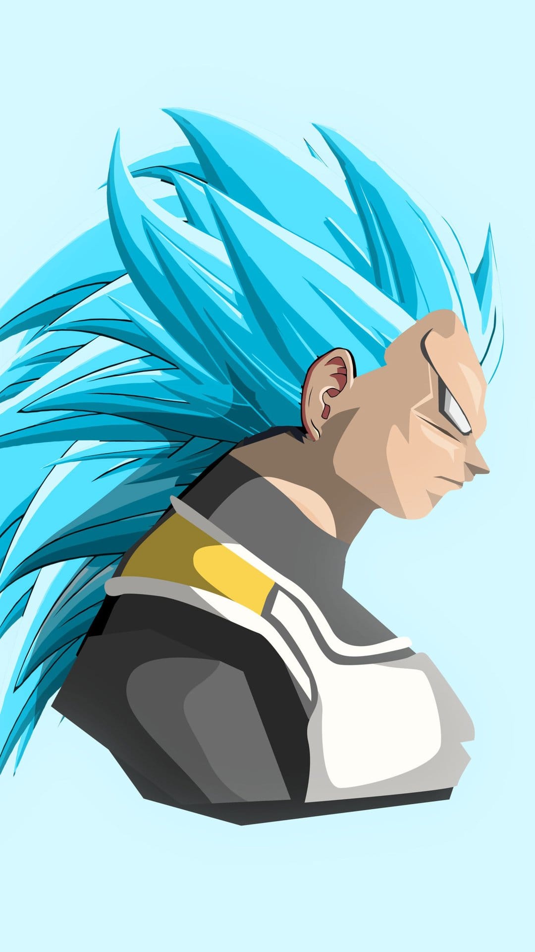Vegeta in a side profile wearing white Saiyan armor with spiky blue hair against a light blue background.