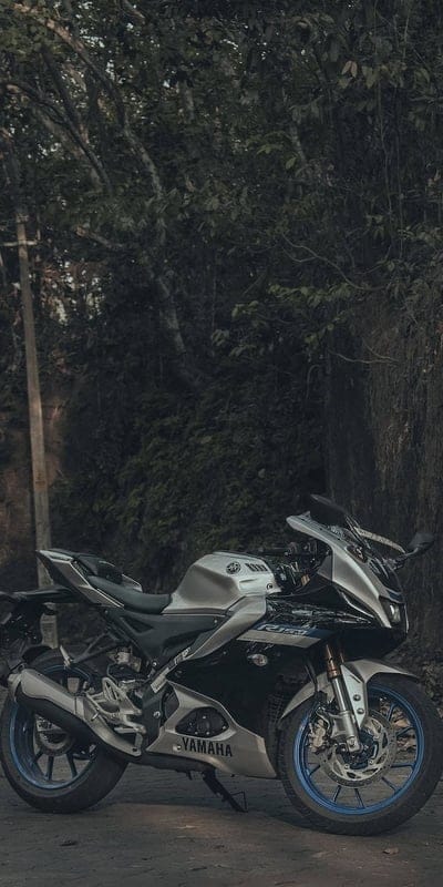 Yamaha R15, Forest Background, bike, parked bike, mobile wallpaper, android wallpaper, iPhone wallpaper, phone wallpaper